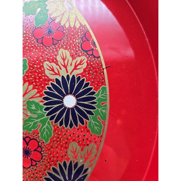 Vintage Round Red Lacquer Plastic Serving Tray Boho Flowers - Picture 8 of 11